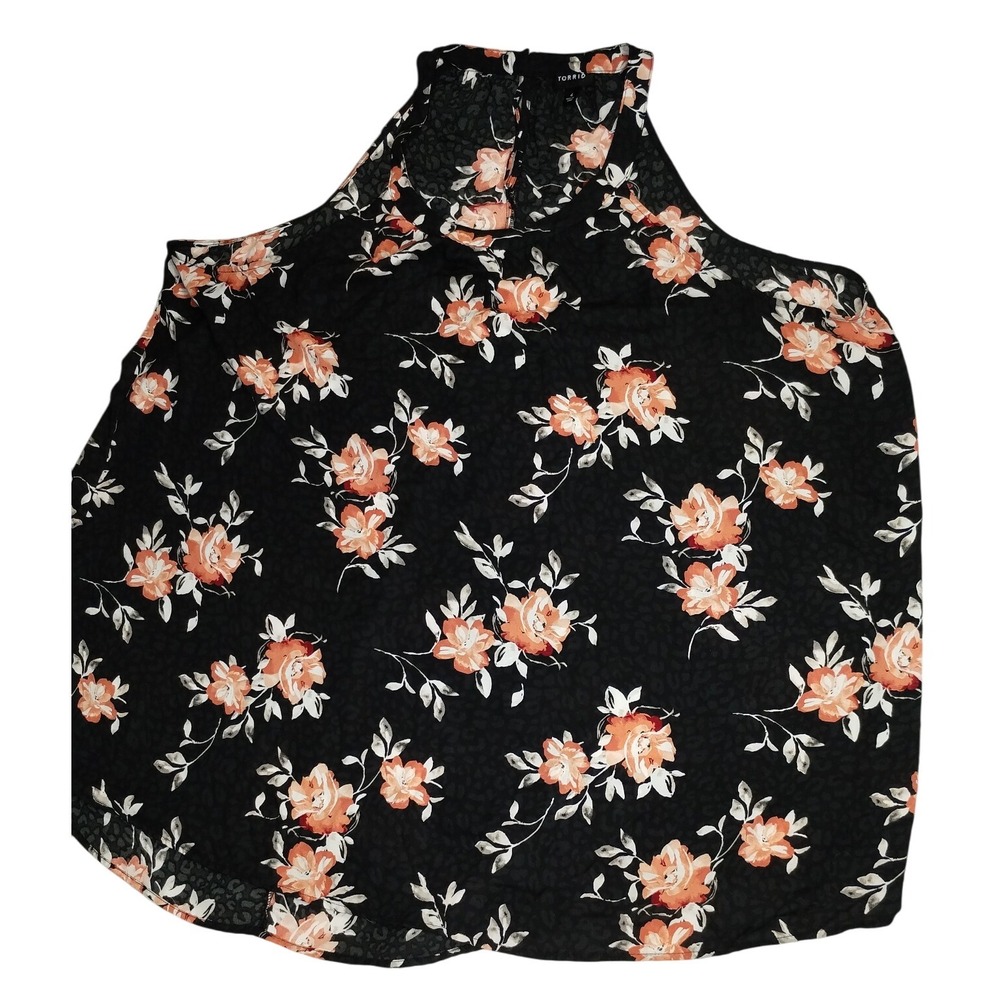 Torrid Women's Floral Print Mock Neck Sleeveless Blouse Top Black Peach Size 4